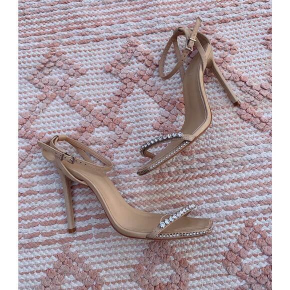 Tan SCHUTZ Loule Leather Rhinestone High Heels US 7.5 - Picture 1 of 10